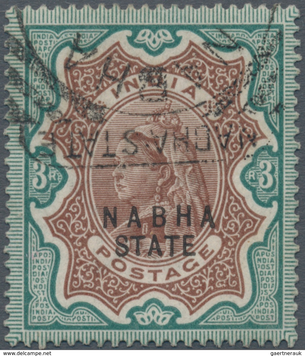 Indien - Konventionalstaaten: NABHA 1897 QV 3r. Brown & Green, Used And Cancelled By Squared "NABHA - Autres & Non Classés