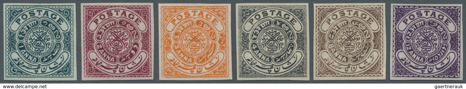 Indien - Feudalstaaten: HYDERABAD: 1905, 'POSTAGE' Issue 1a. To 12a. Set Of Six Imperforate PROOFS I - Sonstige & Ohne Zuordnung