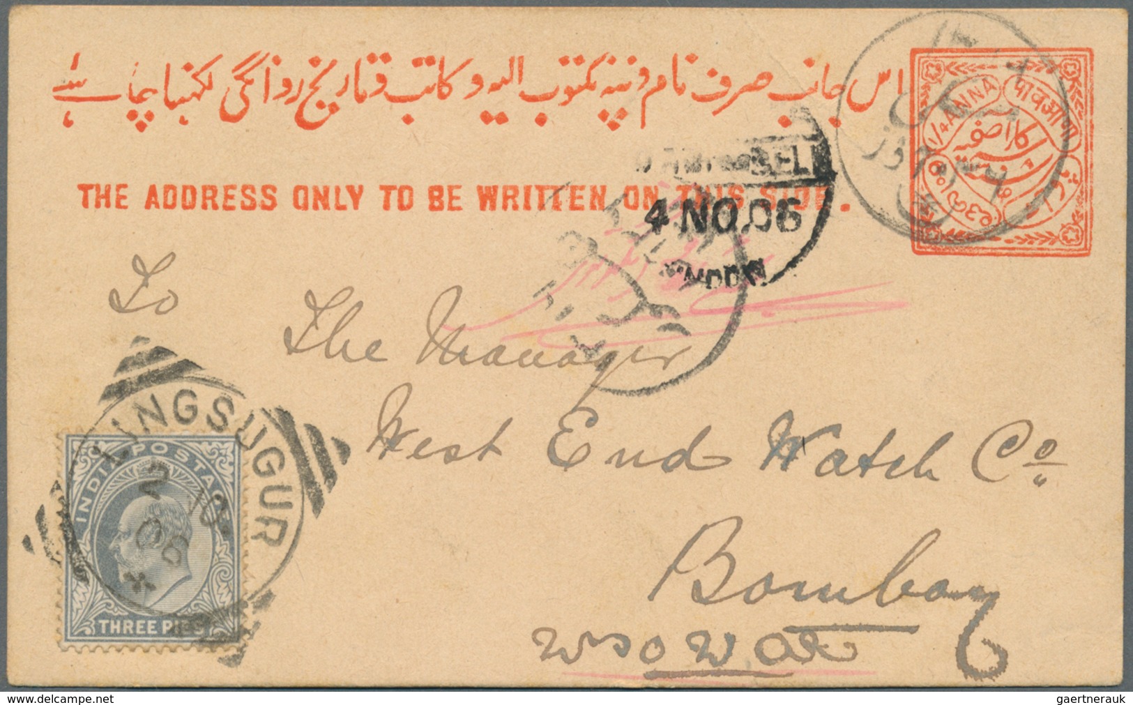 Indien - Feudalstaaten: Hyderabad, 1906, Card 1/4 A. Orange Canc. Native With KEVII 3 A. Grey Tied " - Autres & Non Classés
