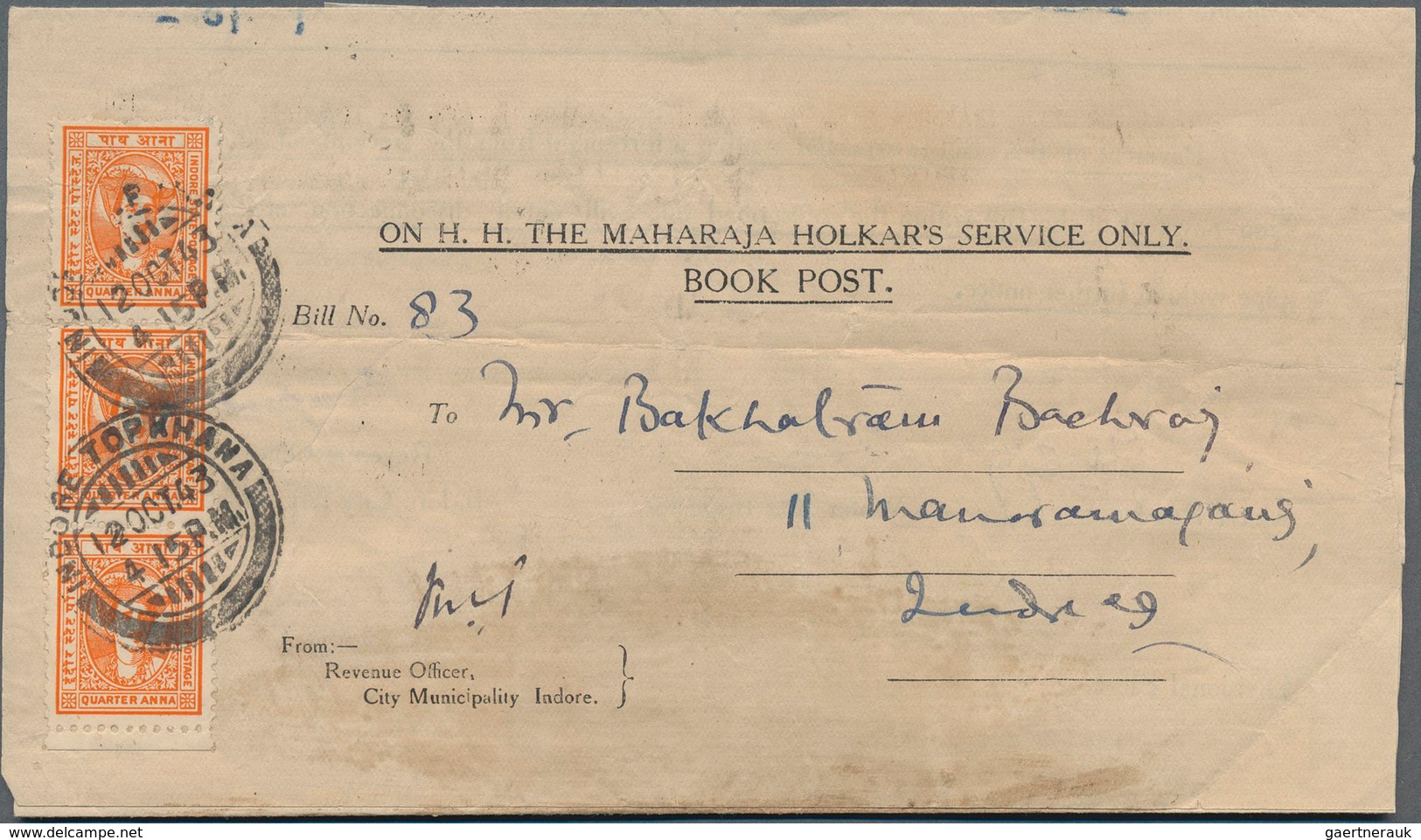 Indien - Feudalstaaten: INDORE 1943: Complete Printed Official Bill, Inscribed "On H.H. The Maharaja - Sonstige & Ohne Zuordnung