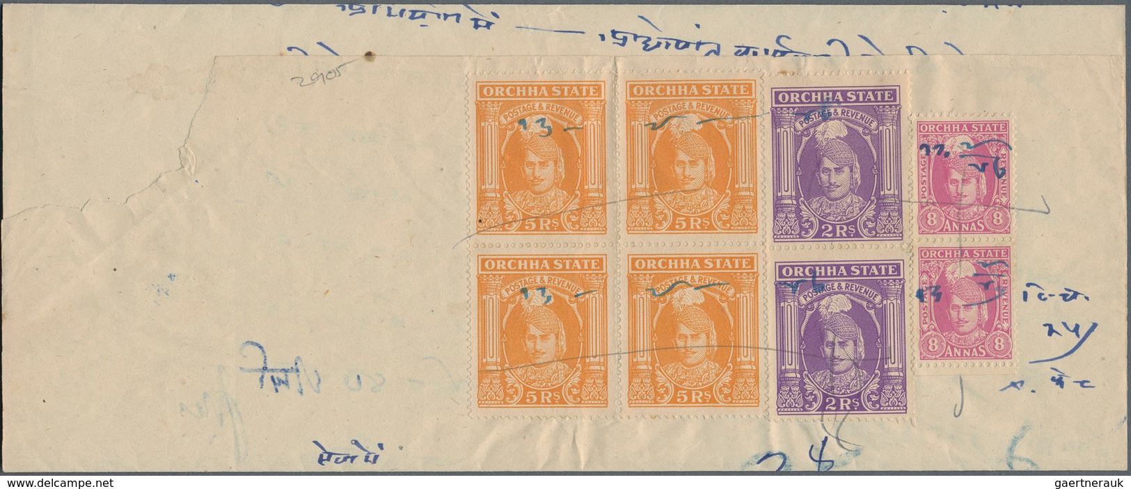 Indien - Feudalstaaten: ORCHHA 1939 5r. Orange Block Of Four, 2r. Violet Vertical Pair And 8a. Magen - Sonstige & Ohne Zuordnung