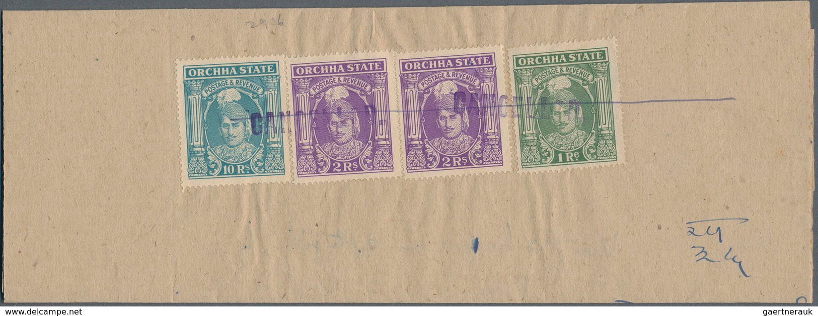 Indien - Feudalstaaten: ORCHHA 1939-42 10r. Turquoise-green, 2r. Violet (2) And 1r. Grey-green Used - Autres & Non Classés