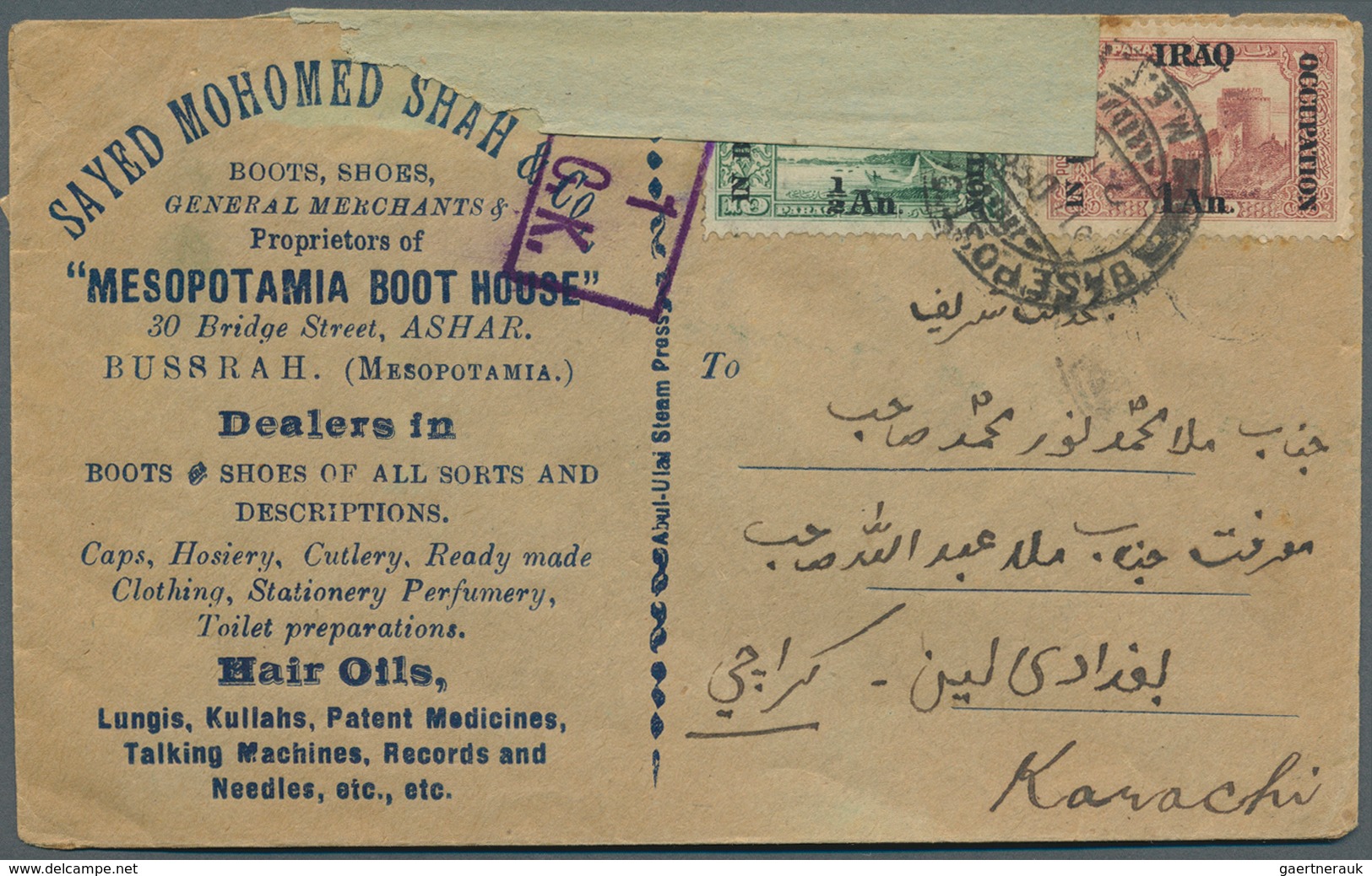 Irak: 1918, 1 A. On 20 Pa. And 1/2 A. On 10 Pa. Green Tied By Cds. "BASE POST OFFICE...31.DEC.18" To - Irak