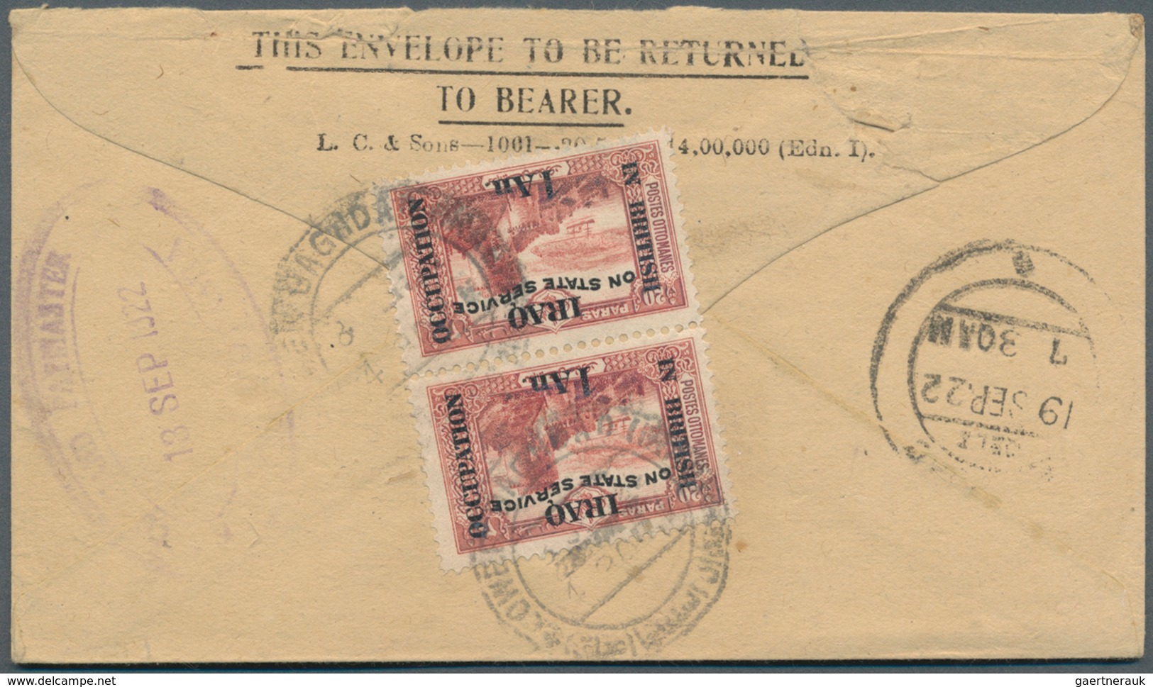 Irak: 1918, 1 A. On 20 Pa.red, Vertical Pair Tied By Cds. "LOWER BAGHDAD 18.9.22" To Reverse To Loca - Irak