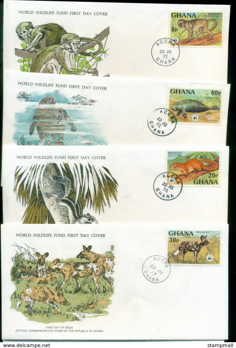 Ghana 1977 WWF,Monkey, Manatee, Squirrel, Wild Dog,Franlkin Mint (with Inserts) 4xFDC Lot79601 - Ghana (1957-...)