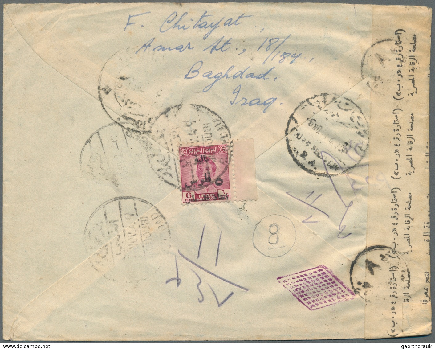 Irak: 1949, 20 F., 40 F. And 50 F. UPU Tied "DOUBI BAGDHAD 1 NOV 49"to Censored Air Mail Cover To Al - Iraq