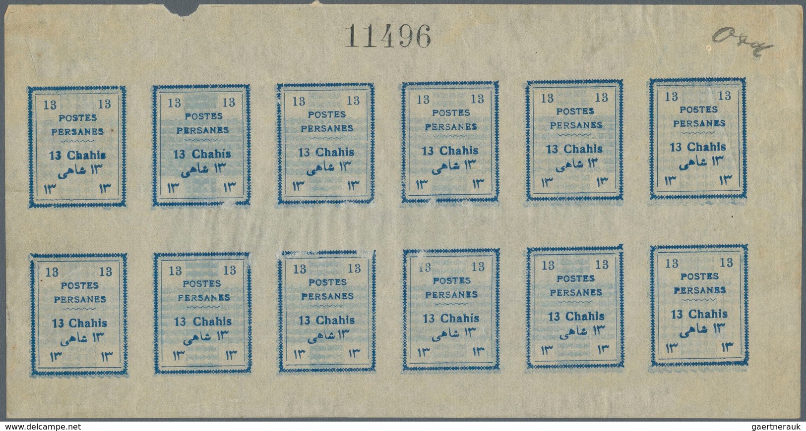 Iran: 1906, Tebriz Issue 13 Ch. Blue Complete Sheetlet Of 12 Stamps Without Overprint, Imperf With M - Iran