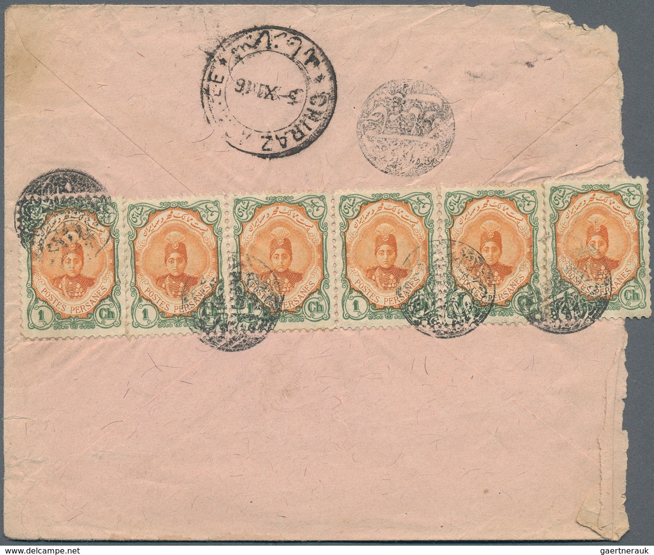 Iran: 1916, Cover DERLEKI To Chiraz With Arrival Mark, Franked 1 Ch. Strip Of Four And Two Single, C - Iran