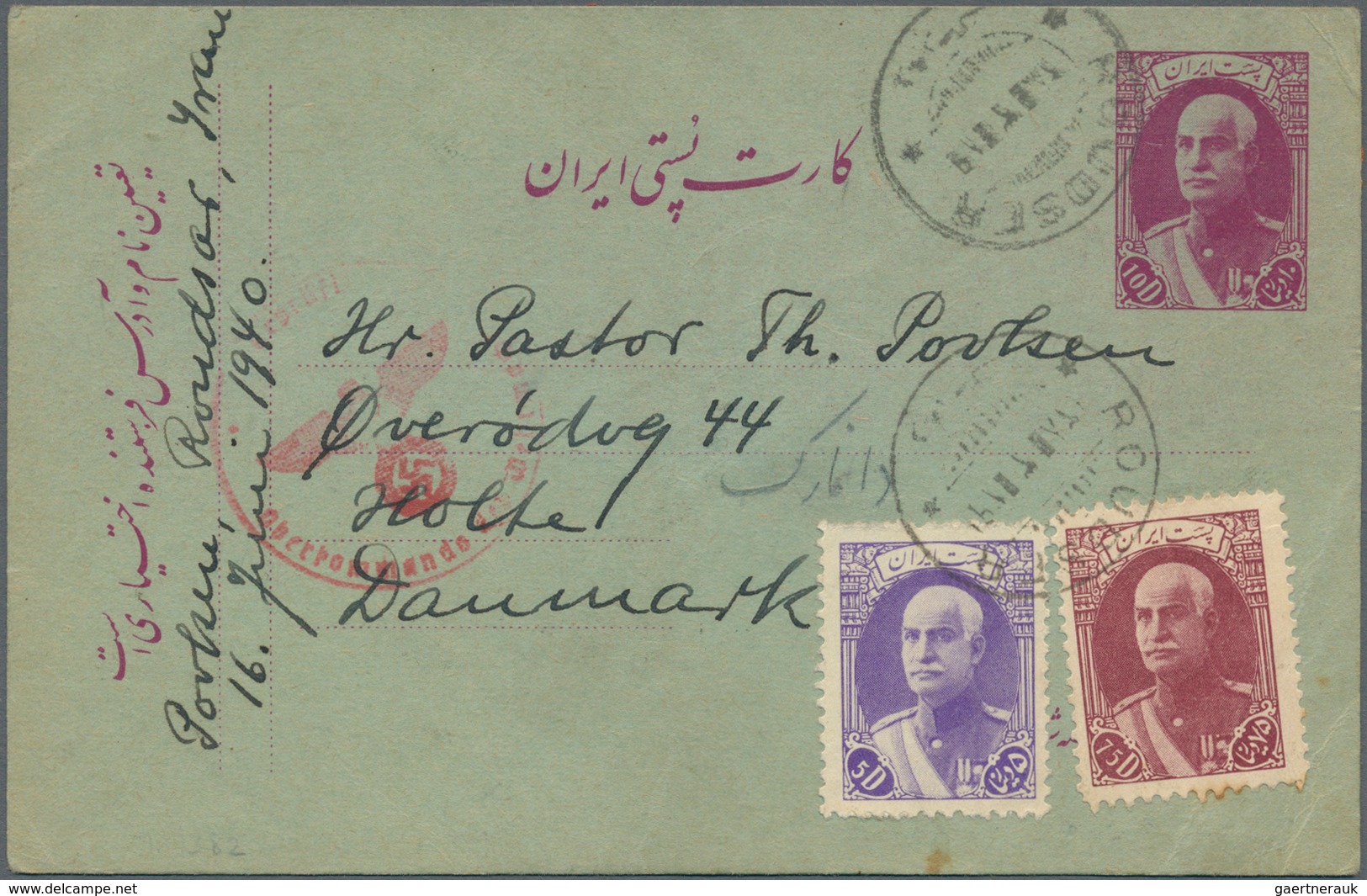 Iran: 1940, 10 D. Violet On Green Postal Stationery Card Used Uprated With 5 D. Bright Violet And 75 - Iran