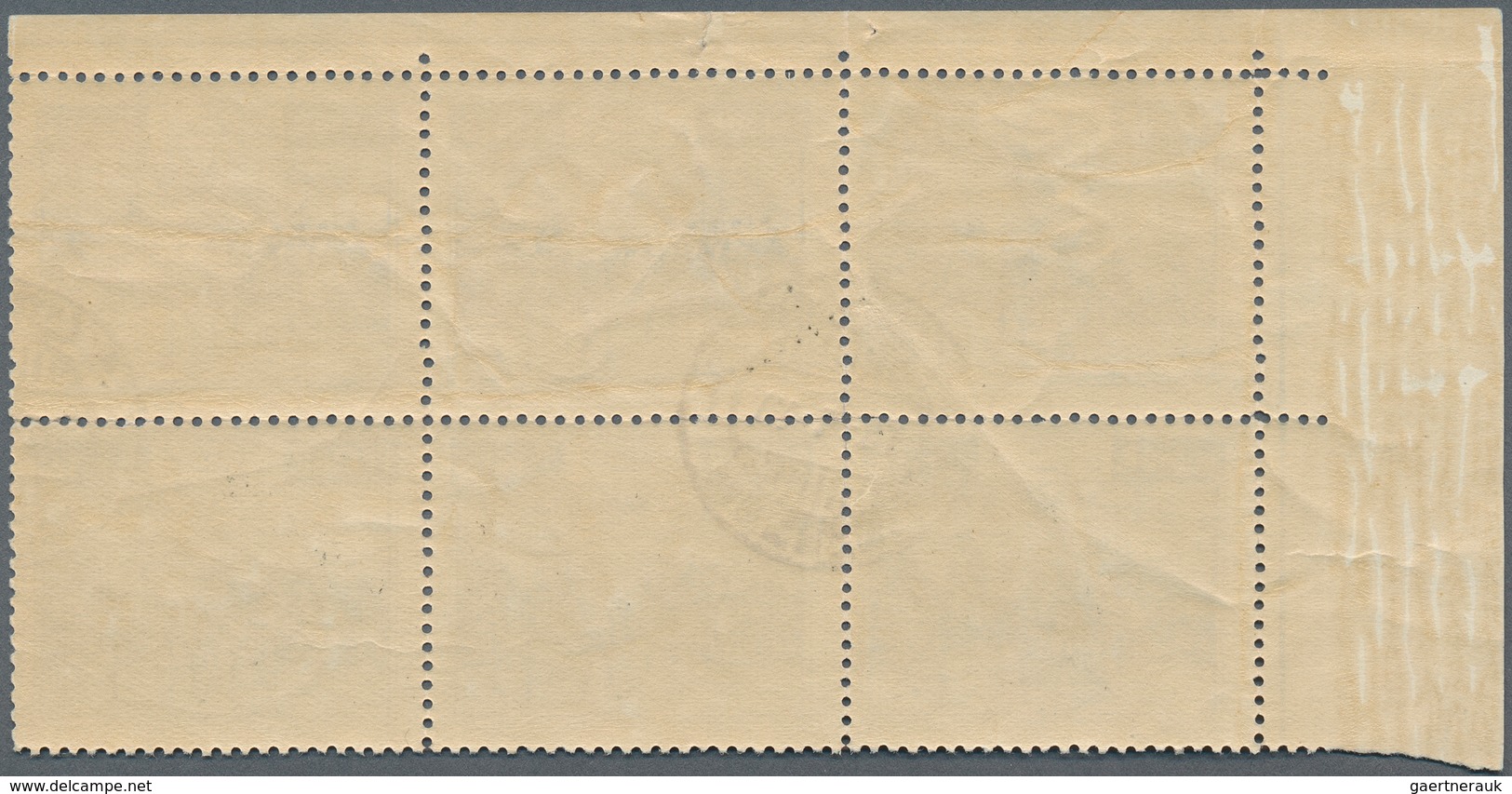 Iran: 1950, set of six values in corner margin blocks of six, fine cancelled, a scarce offer