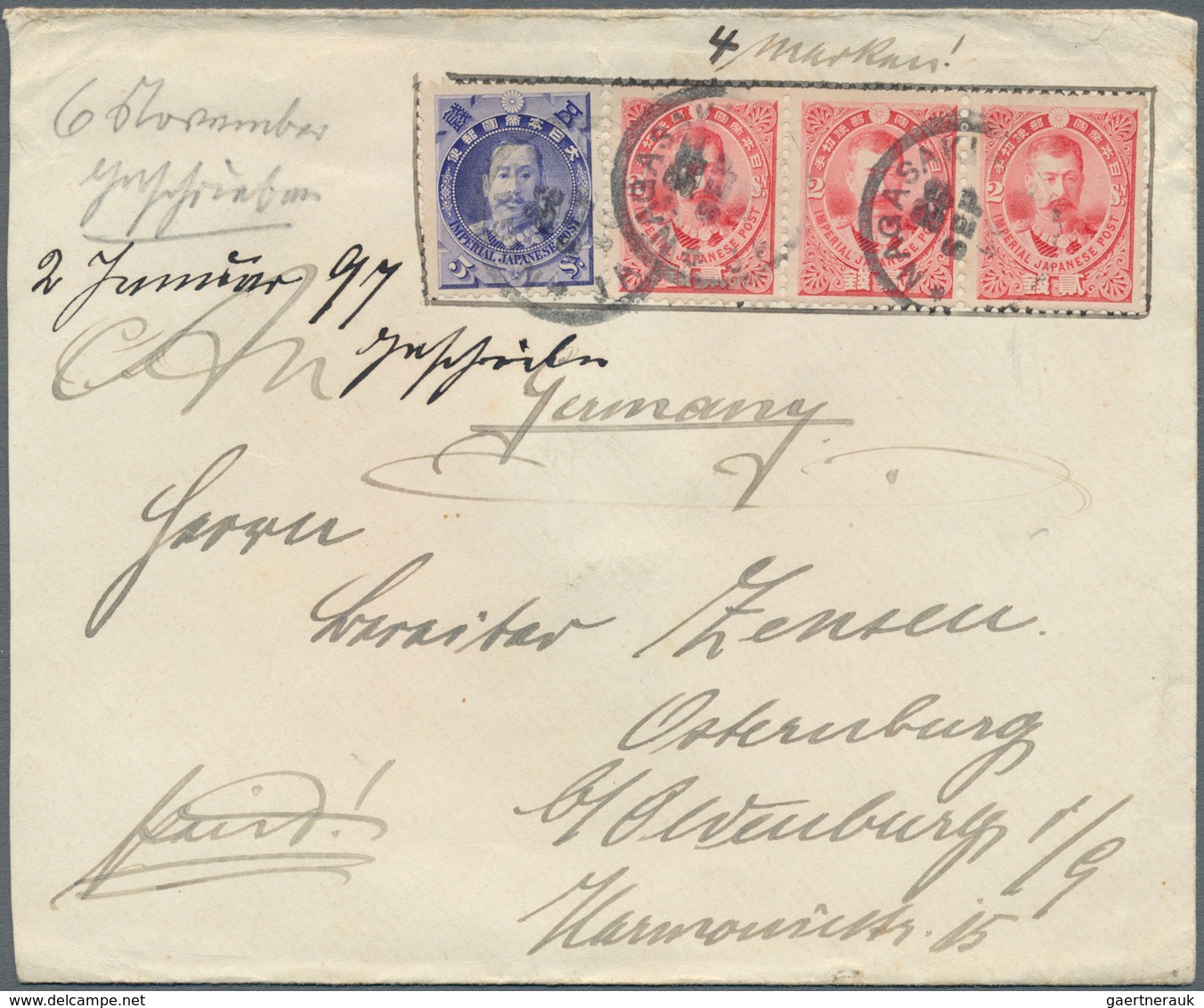 Japan: 1896, Princes 2 S. (strip-3) And 5 S. Tied "NAGASAKI 25 SEP 96" To Cover To Germany W. Arriva - Gebraucht