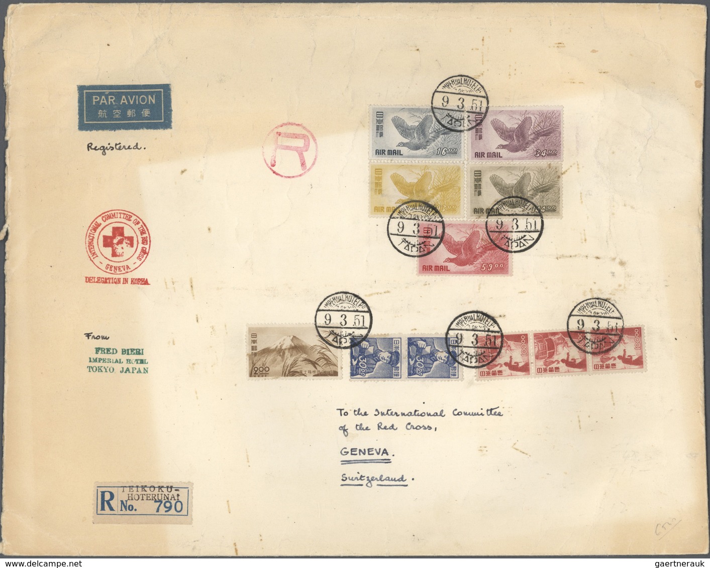 Japan: 1949/50, Falcon Airmails Set Cpl. With Vocational 100 Y. (3), 30 Y. (pair) And NP Fuji-Hakone - Gebraucht