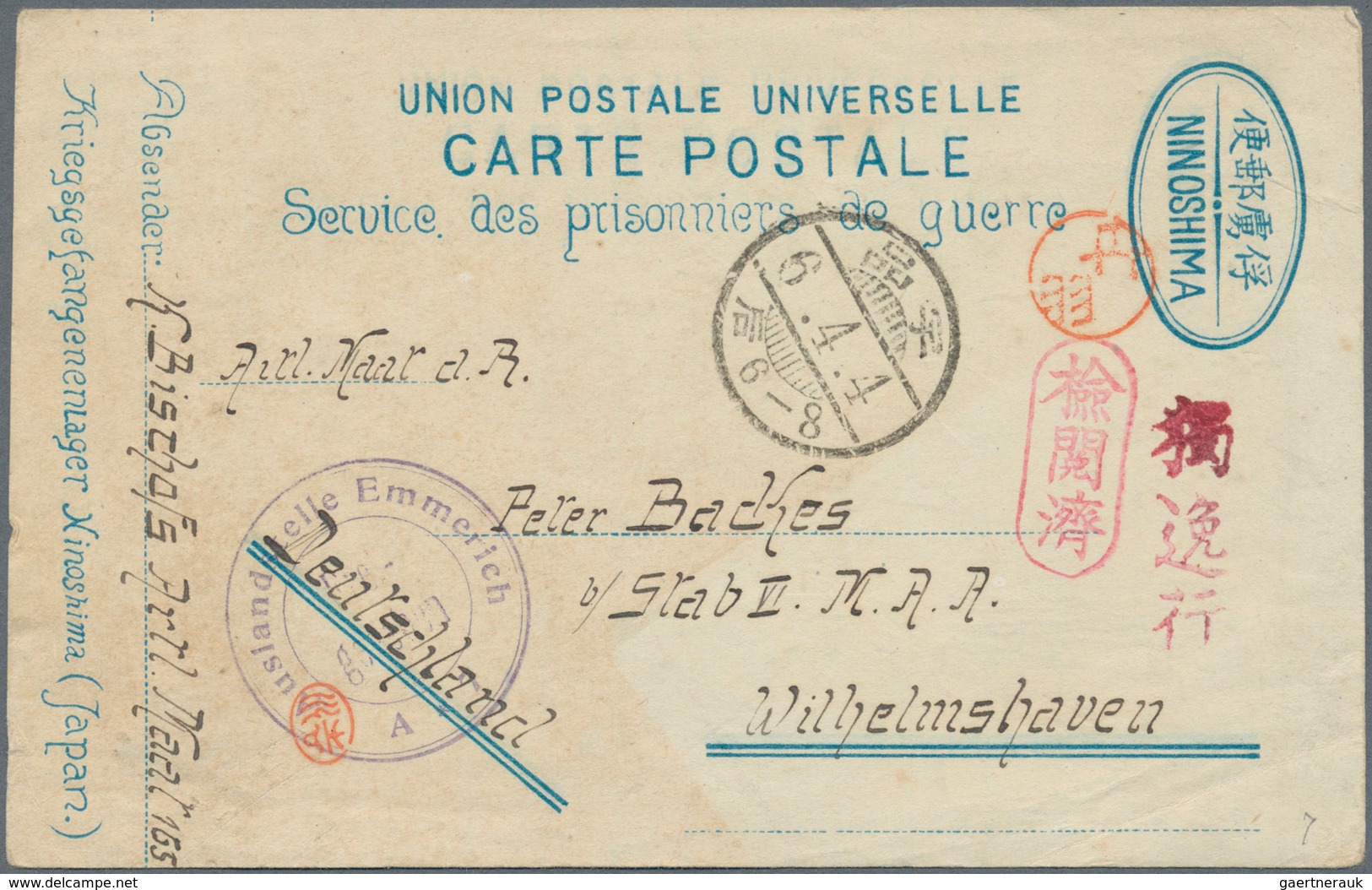 Lagerpost Tsingtau: Ninoshima, 1917, Camp Stationery Card With Oval KEZ, Red "to Germany" And Han Of - Chine (bureaux)