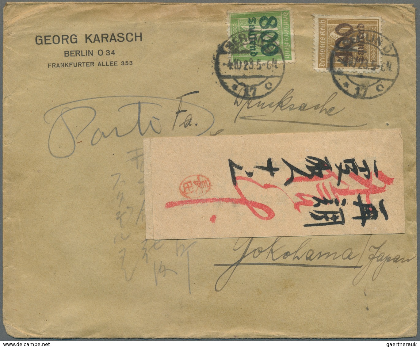 Japan - Besonderheiten: 1923, Printed Matter Sent From Berlin Oct. 4 1923 To Yokohama. Because Of Th - Autres & Non Classés