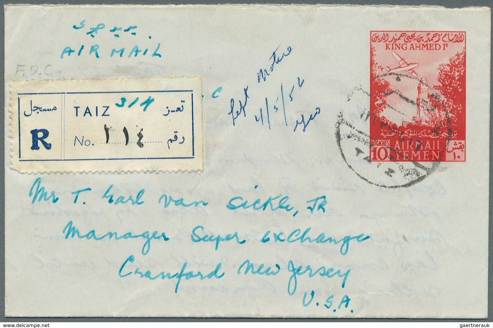 Jemen: 1956, Airletter 10 Bog Red Canc. "TAIZ 27 9 56" Registered To New Jersey / USA. Includes Long - Yémen