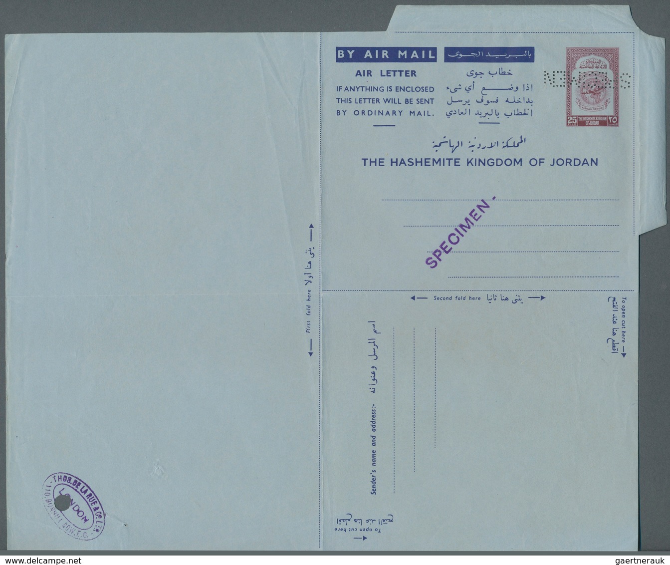 Jordanien: 1953, Aerogramme 25f. With Inverted Perforated "SPECIMEN" And "SPECIMEN -" H/s In Violet - Jordanie