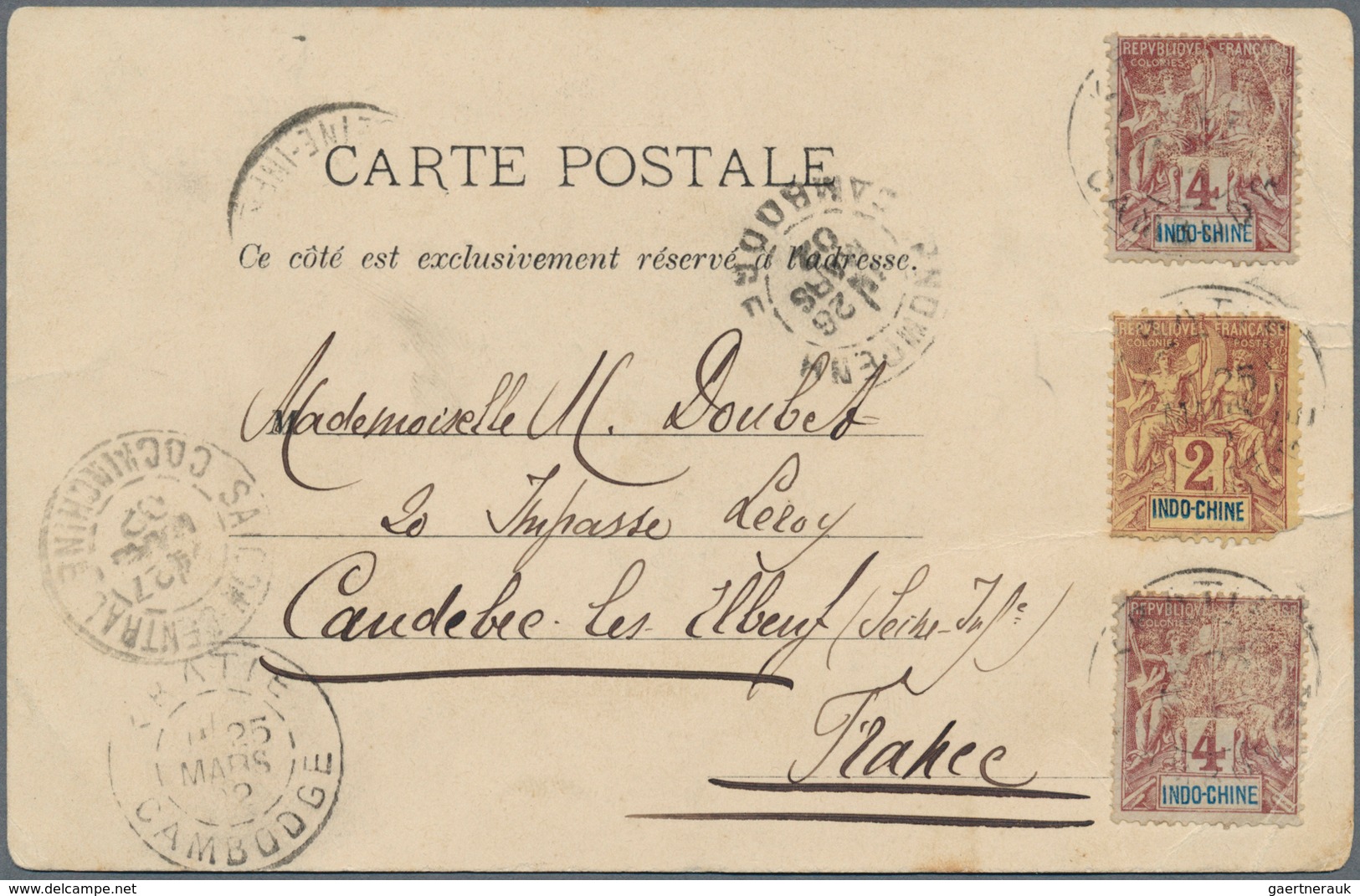 Kambodscha: 1892/1907, Two Ppc: 10 C. Franking (slight Faults) Used From "KRATIE 25 MARS 92" To Fran - Cambodge