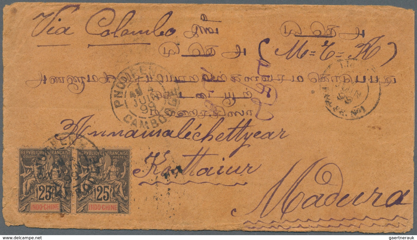 Kambodscha: 1899, Two Envelopes Each Franked With 25 C. Allegory Sent From PNOMPEN; CAMBODGIA To Sou - Cambodge