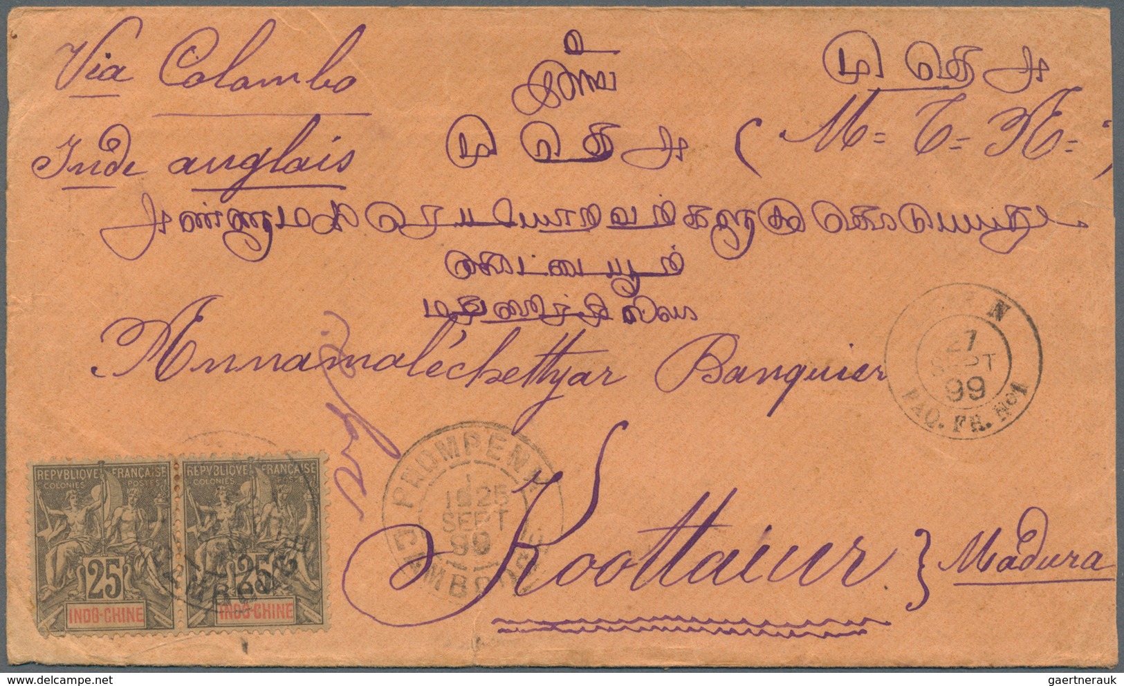 Kambodscha: 1899, Two Envelopes Each Franked With 25 C. Allegory Sent From PNOMPEN; CAMBODGIA To Sou - Cambodge