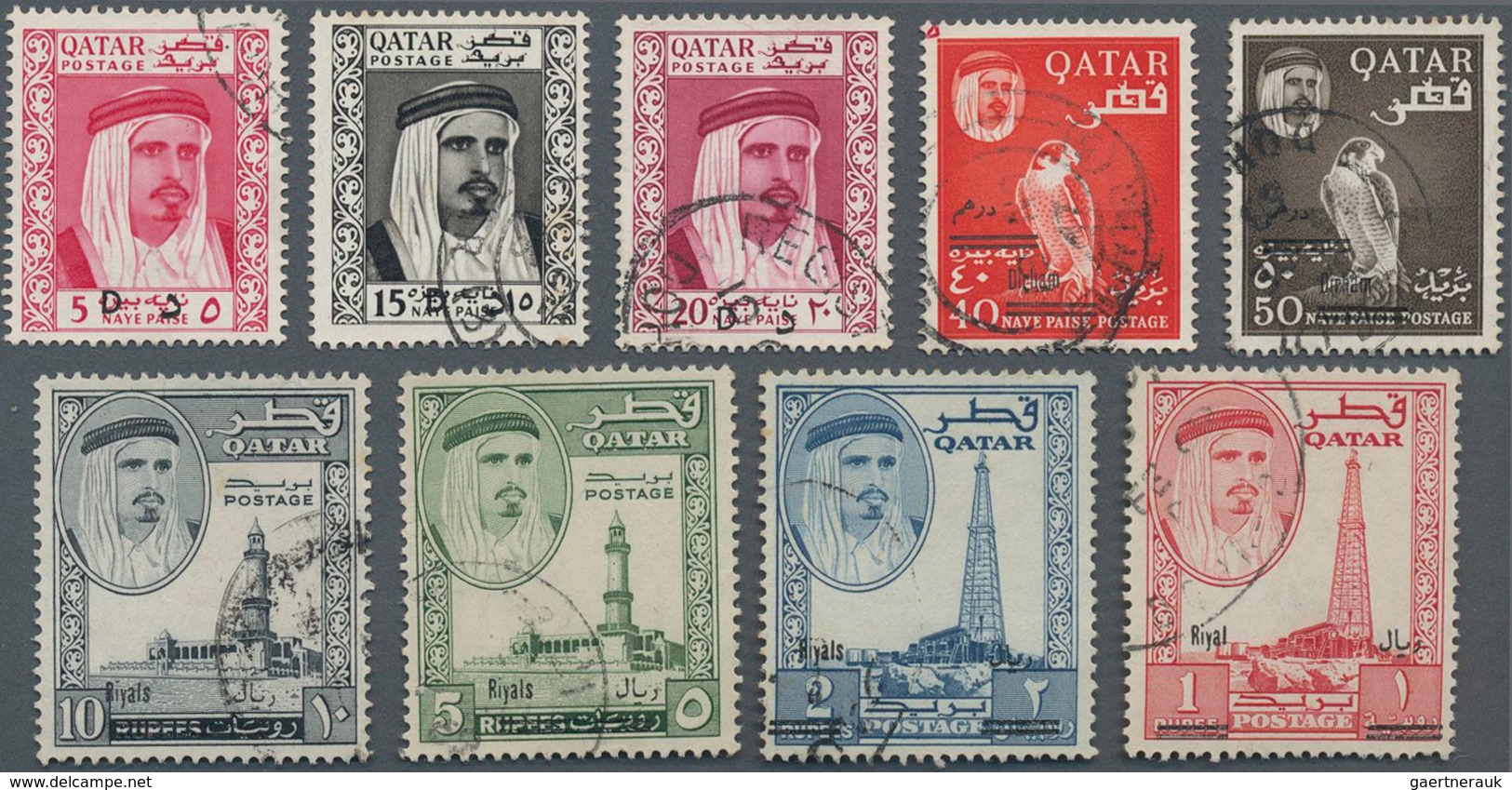 Katar / Qatar: 1966 New Currency Overprinted Set, Complete Except 30d. And 75d., Used With Various T - Qatar