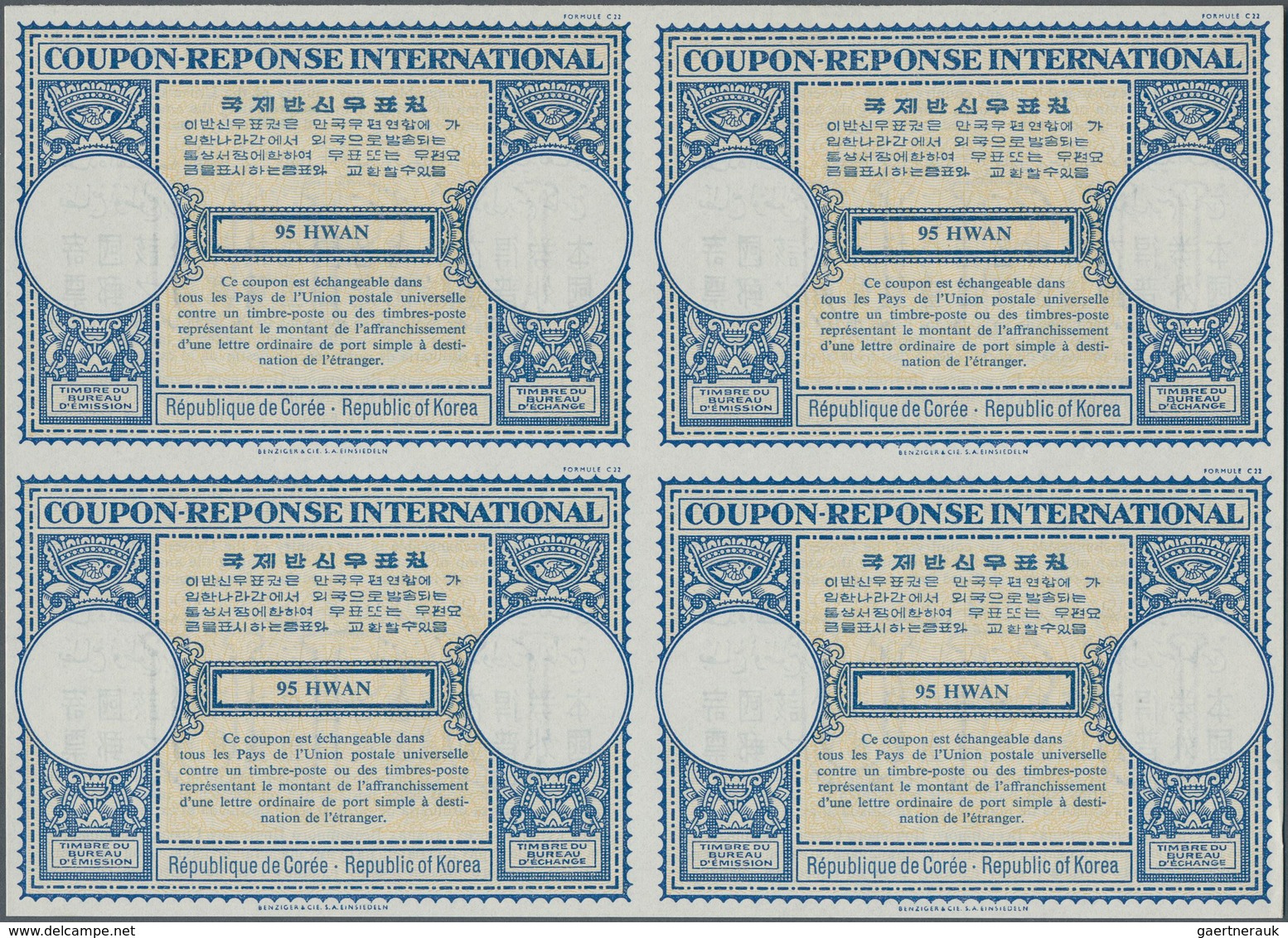 Korea-Süd: 1959. International Reply Coupon 95 Hwan (London Type) In An Unused Block Of 4. Issued Au - Corée Du Sud