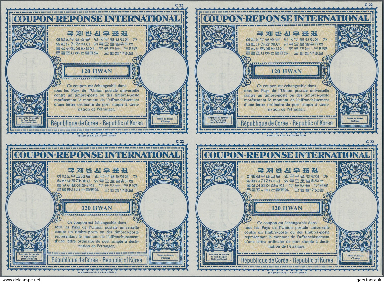Korea-Süd: 1960. International Reply Coupon 120 Hwan (London Type) In An Unused Block Of 4. Issued J - Korea (Süd-)