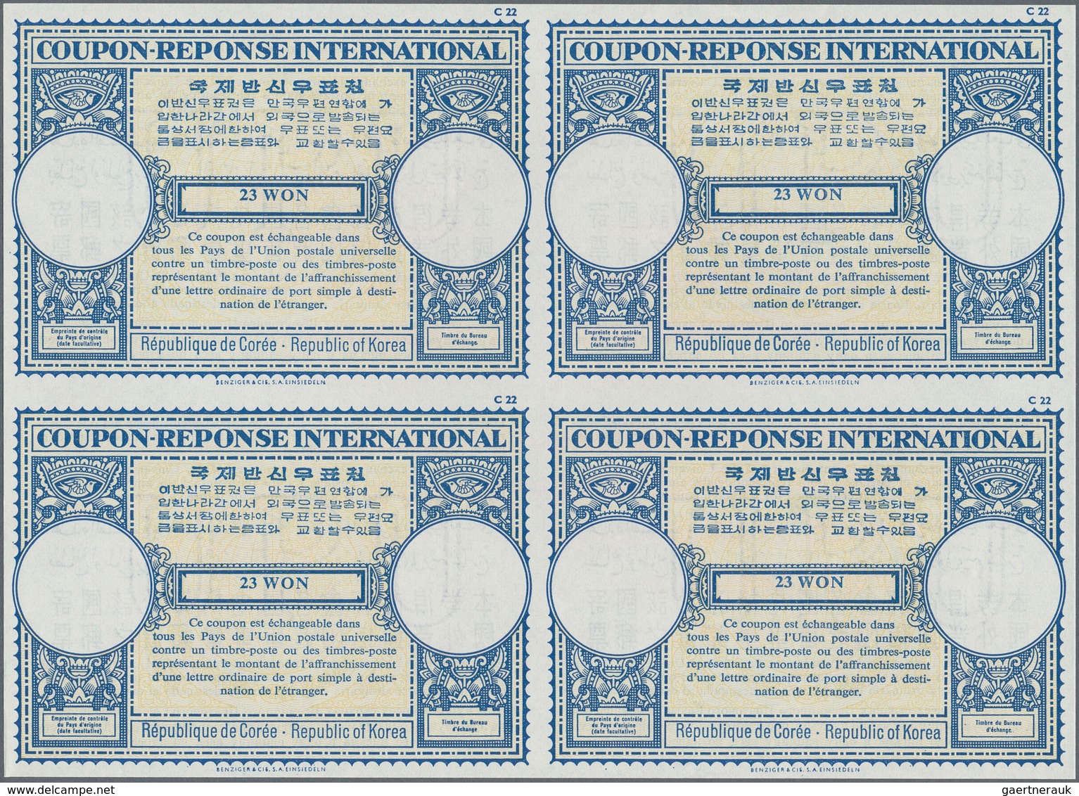 Korea-Süd: 1962. International Reply Coupon 23 Won (London Type) In An Unused Block Of 4. Issued Aug - Corée Du Sud