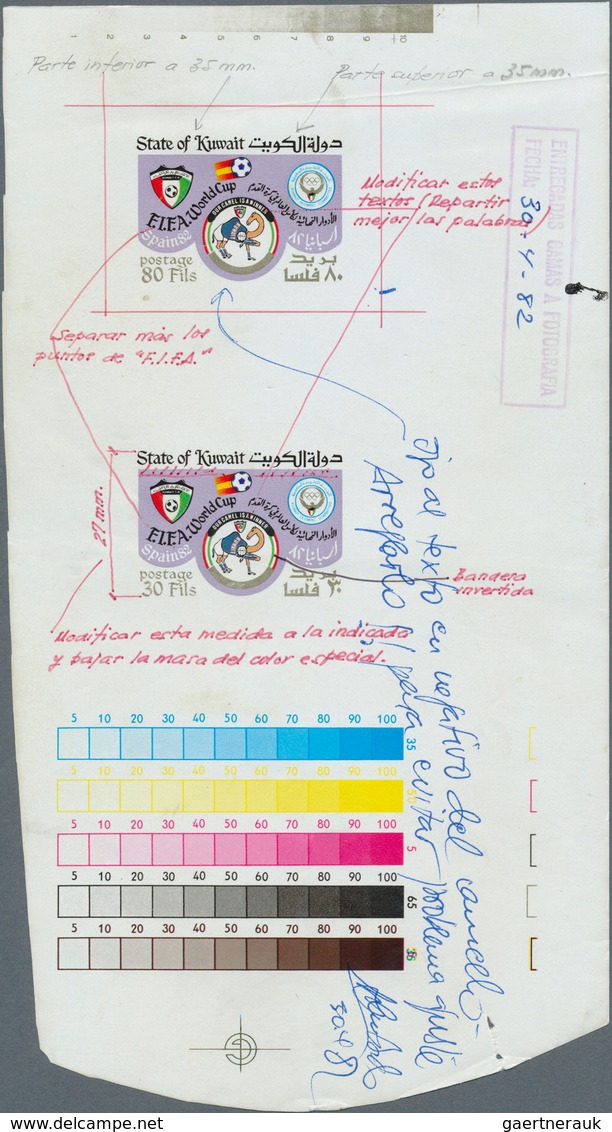 Kuwait: 1982, Soccer World Cup. Se-tenant Printer's Color Proof Of Both Values With Detailed Annotat - Kuwait