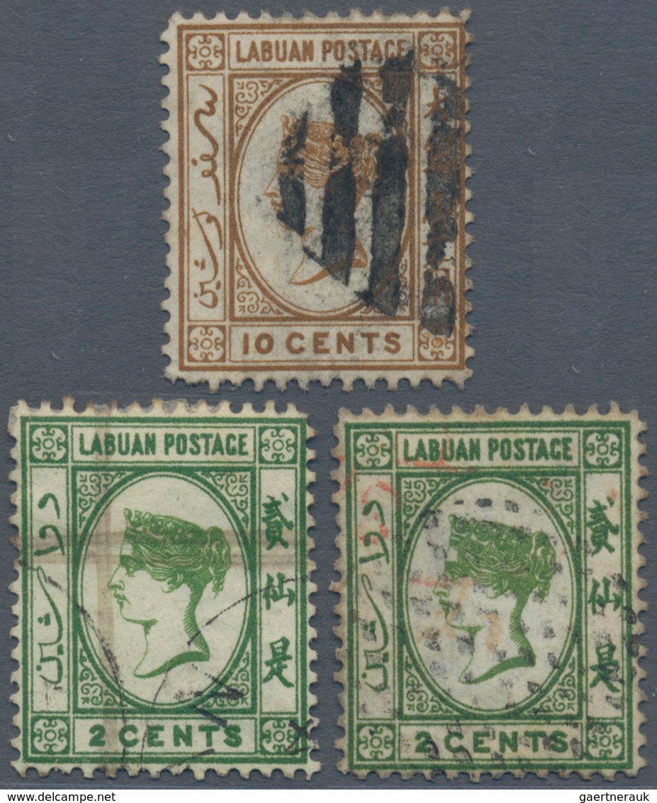 Labuan: 1880/1883, Three Used QV Stamps With Wmk Varieties, 1880 10c. Brown Wmk Inverted, Used With - Autres & Non Classés