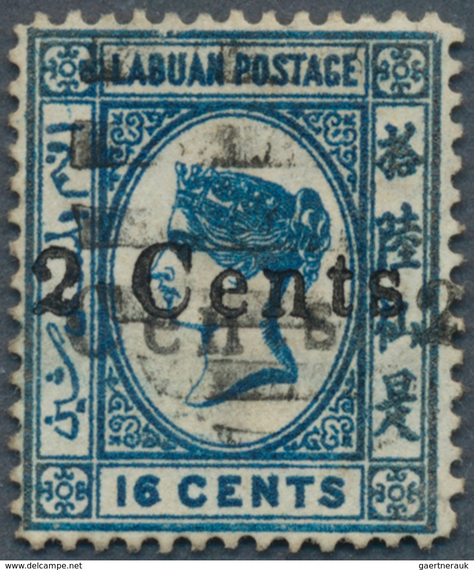 Labuan: 1885, QV 16c. Blue With DOUBLE SURCHARGE '2 Cents' In Type 8 Fine Used With Barred Cancel An - Autres & Non Classés