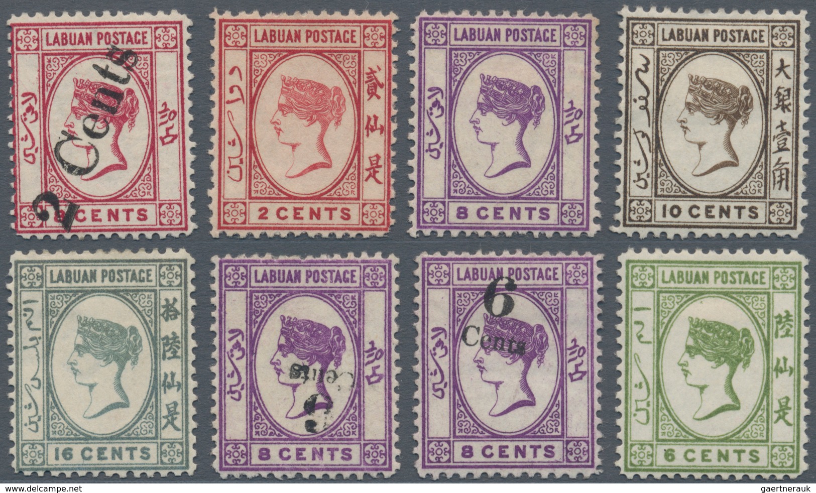 Labuan: 1885/1894, Eight Mint Stamps Showing Varieties, With 1885 2c. On 8c. Variety "No Dot At Lowe - Autres & Non Classés