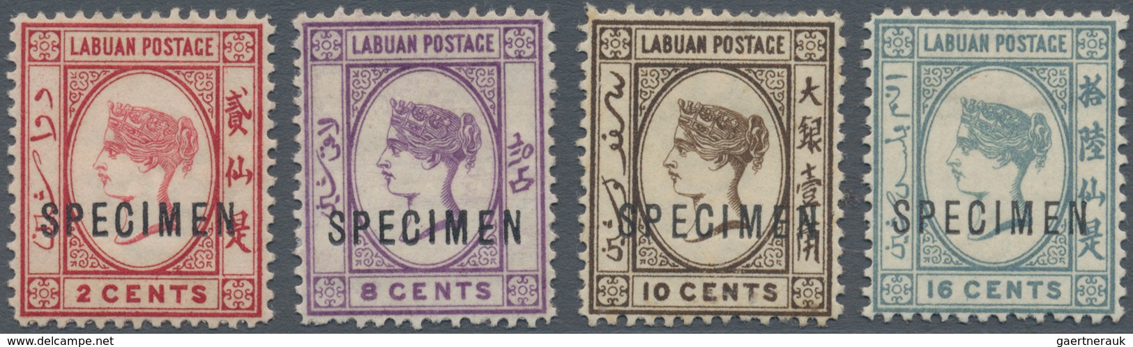 Labuan: 1885/1886, QV Colour Changes With Wmk. Crown CA With Black SPECIMEN Opt. Complete Set Of Fou - Autres & Non Classés