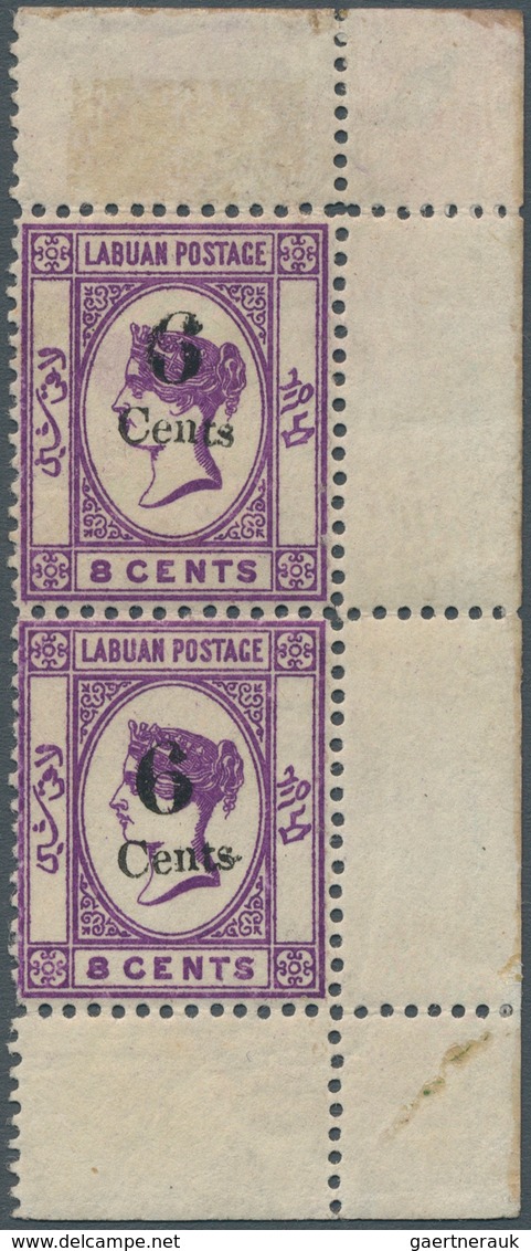 Labuan: 1891-92 6c. On 8c. Mauve Vertical Pair Of Right Hand Corner Stamps, Varieties "Wmk Crown CA - Autres & Non Classés