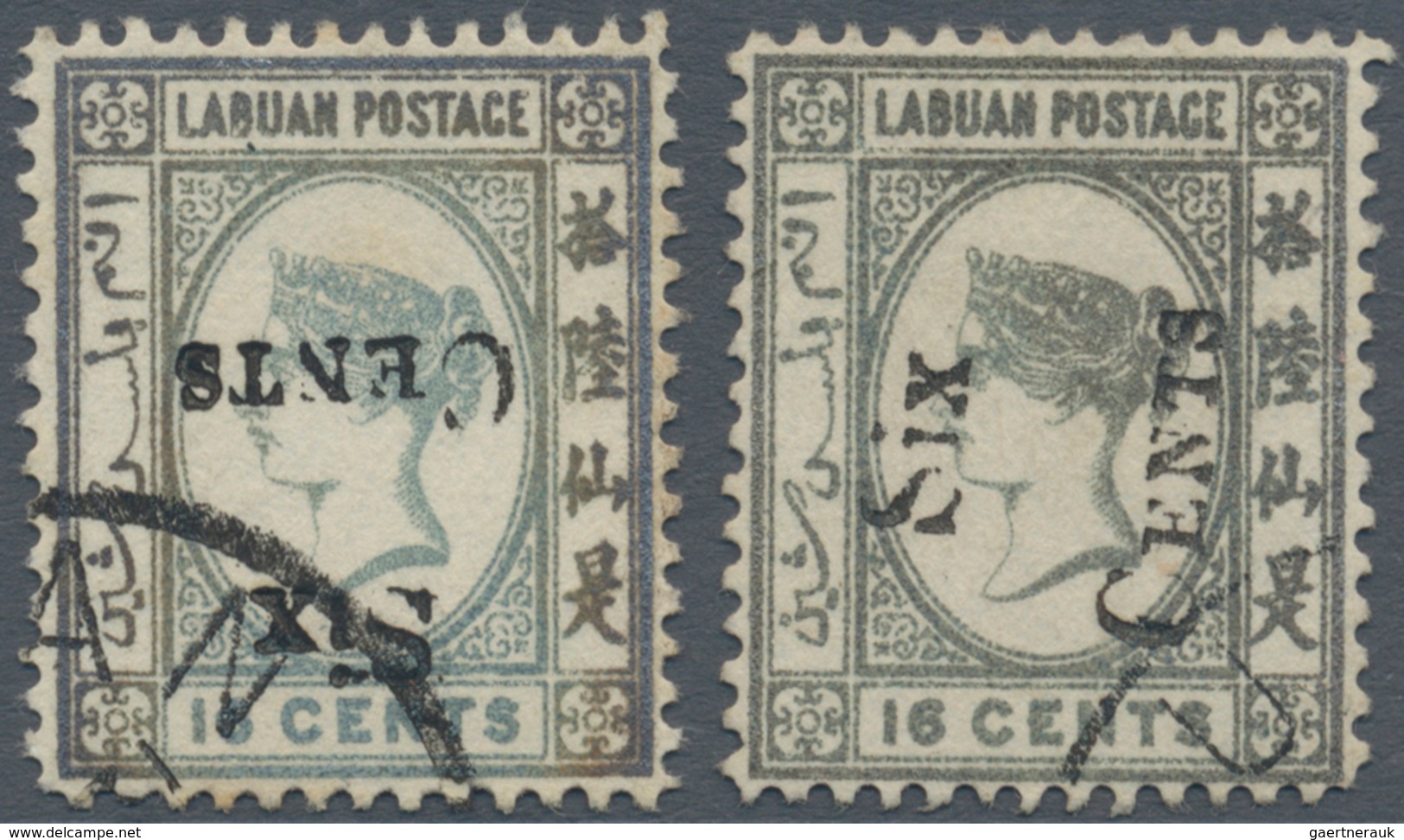 Labuan: 1892, QV 16c. Grey With Local Surcharge 'SIX CENTS' (type 12) Two Stamps With Varieties 'INV - Autres & Non Classés