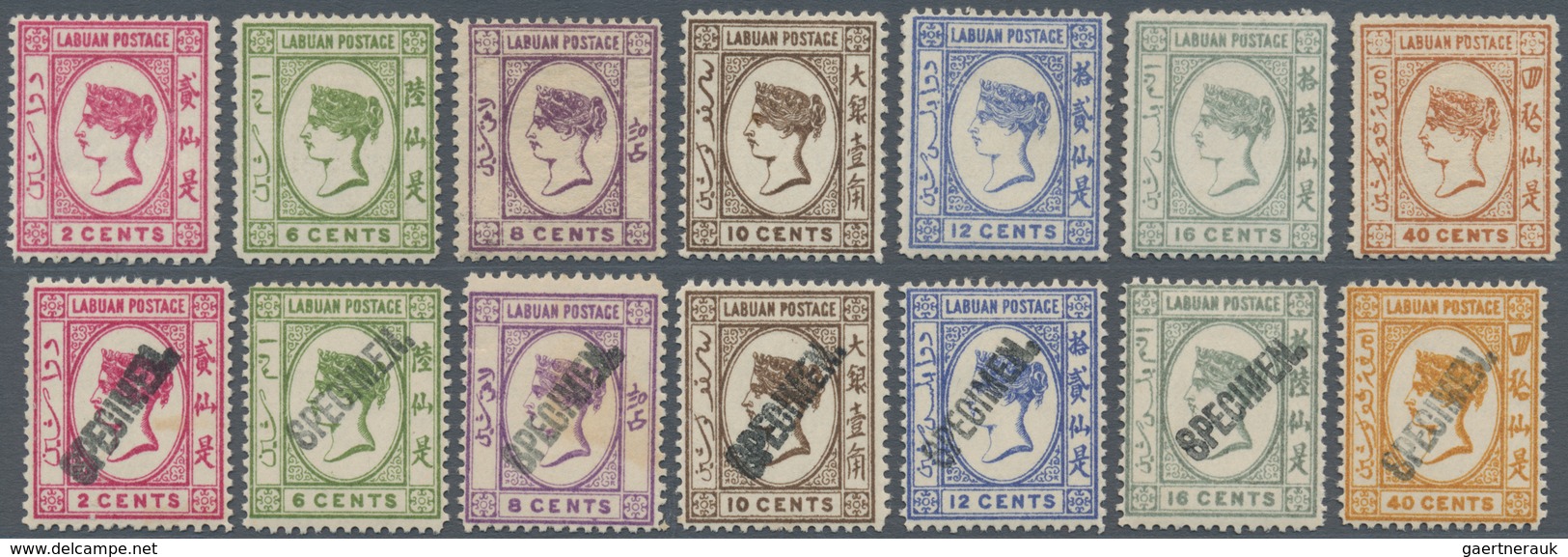 Labuan: 1894, QV Without Wmk. Two Complete Sets Of Seven Incl. One Handstamped SPECIMEN, Mint Hinged - Autres & Non Classés