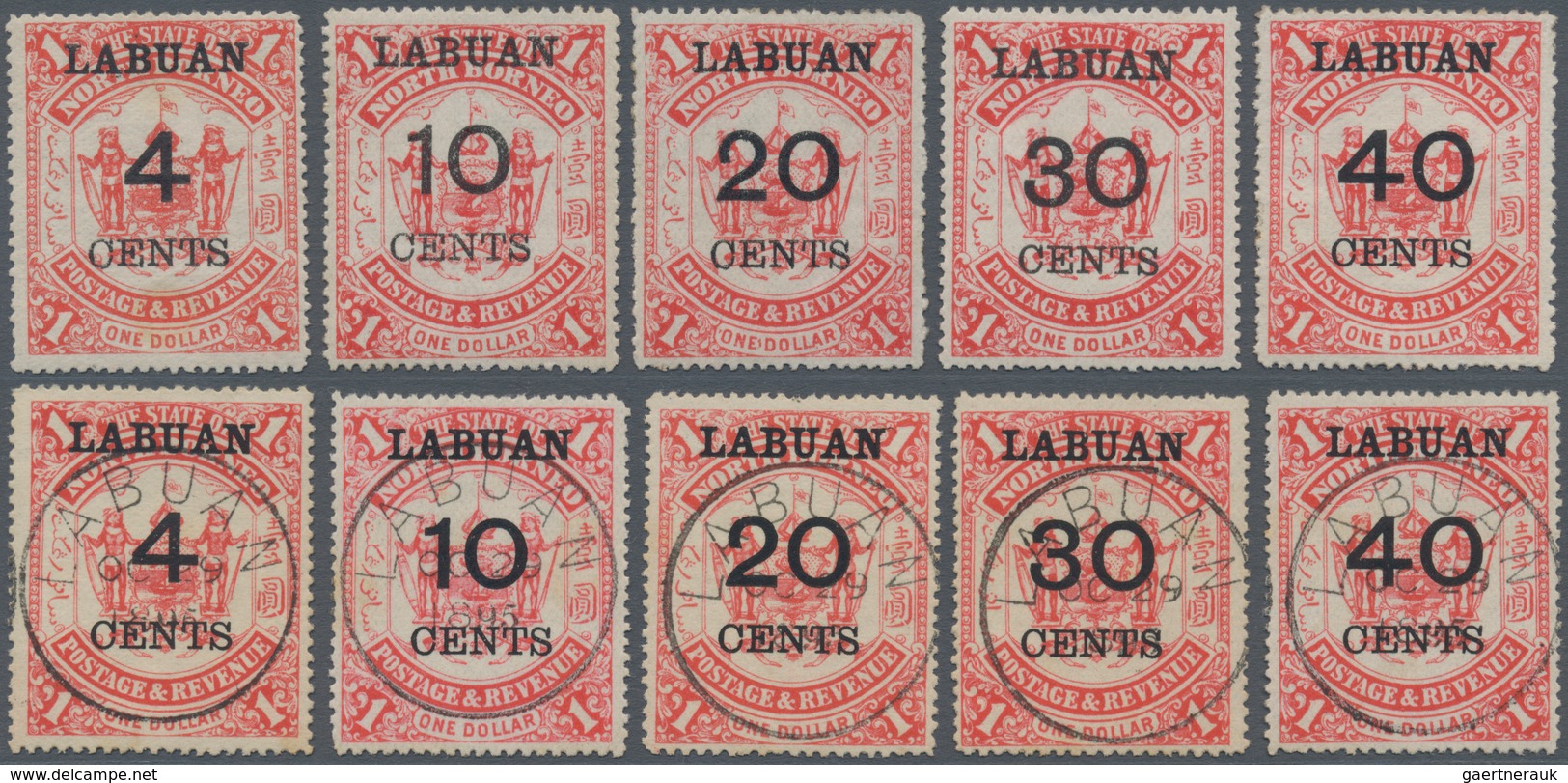 Labuan: 1895, North Borneo Coat Of Arms $1 Scarlet With Different Surcharges And LABUAN Opt. Three C - Autres & Non Classés