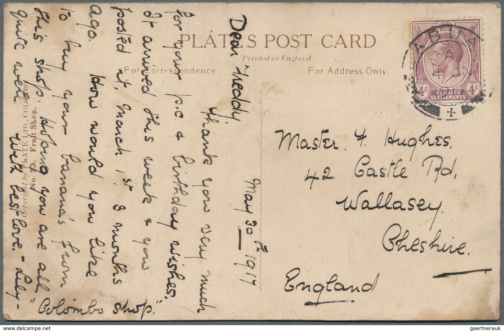 Labuan: 1917 Picture Postcard From Labuan To England Franked By Straits Settlements 1913 KGV. 4c. Pu - Autres & Non Classés