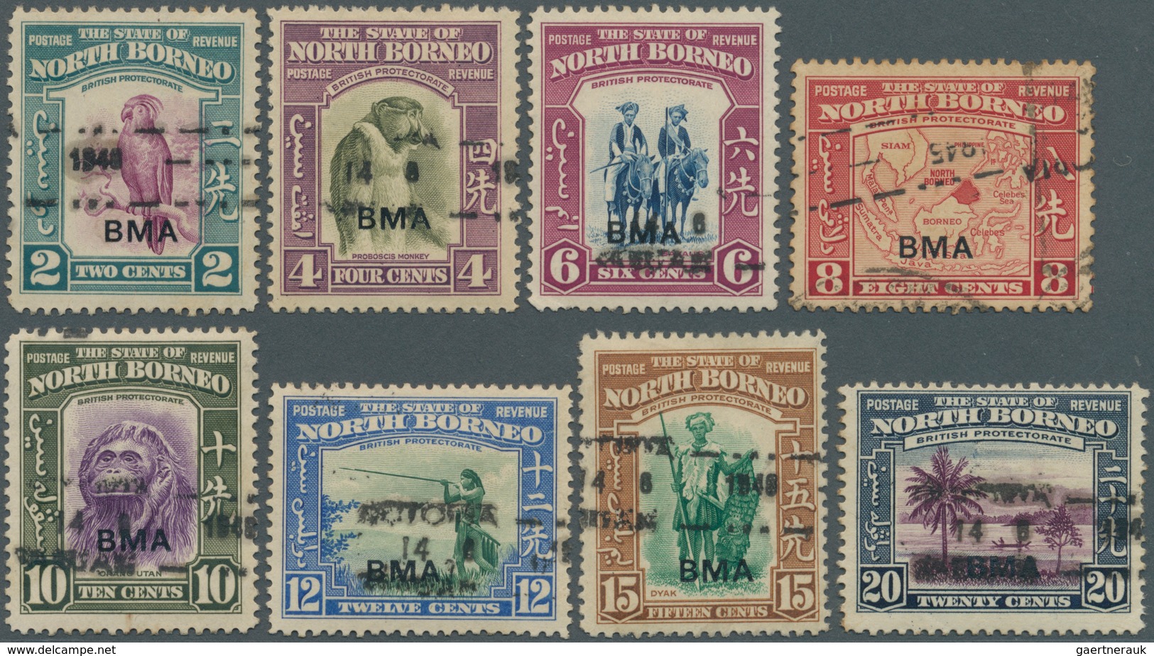 Labuan: 1945/1946, North Borneo Used In Labuan: 8 Different Stamps (2 C And 4 C To 20 C) "BMA" Issue - Other & Unclassified