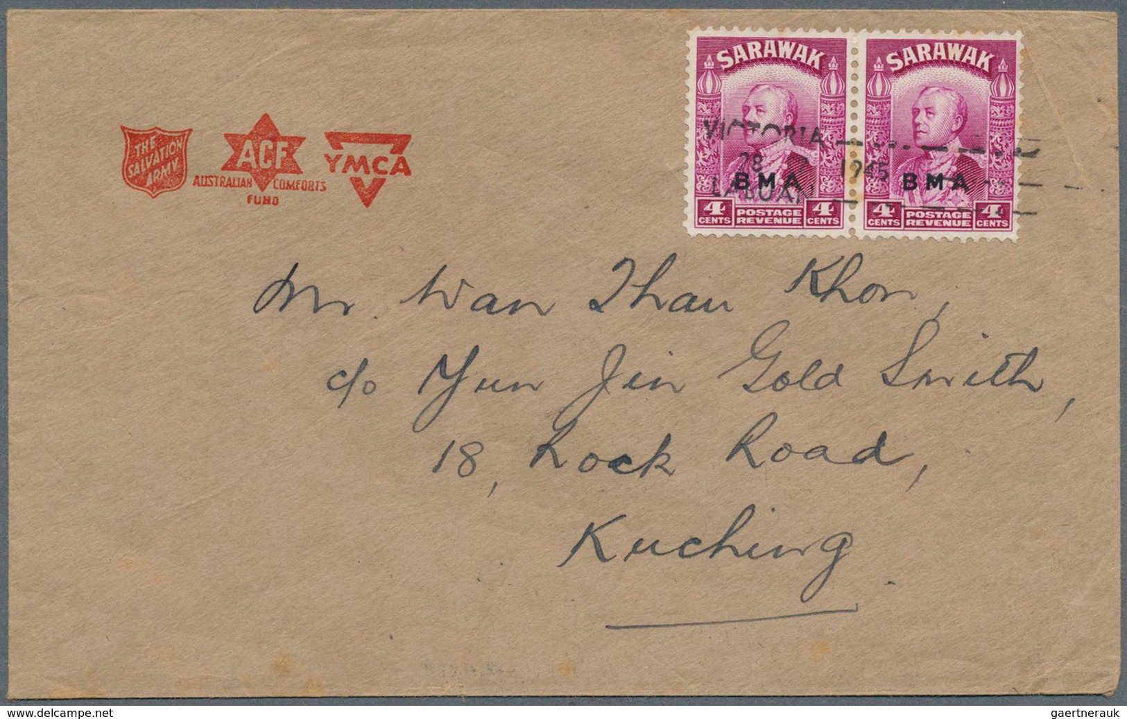 Labuan: 1945/1946, Two 'Salvation Army/ACF/YMCA' Envelopes Used From Labuan, With 1945 Cover To Kuch - Autres & Non Classés