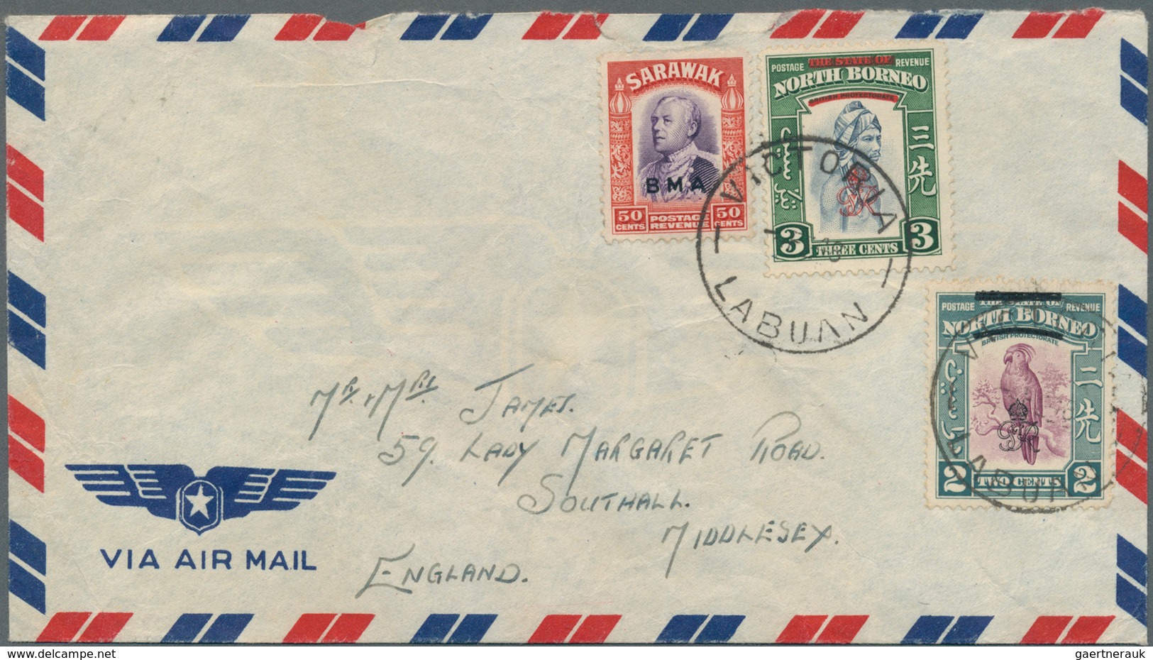 Labuan: 1948 Airmail Cover To England Franked Sarawak 1945 50c. Optd. BMA In Combination With North - Autres & Non Classés