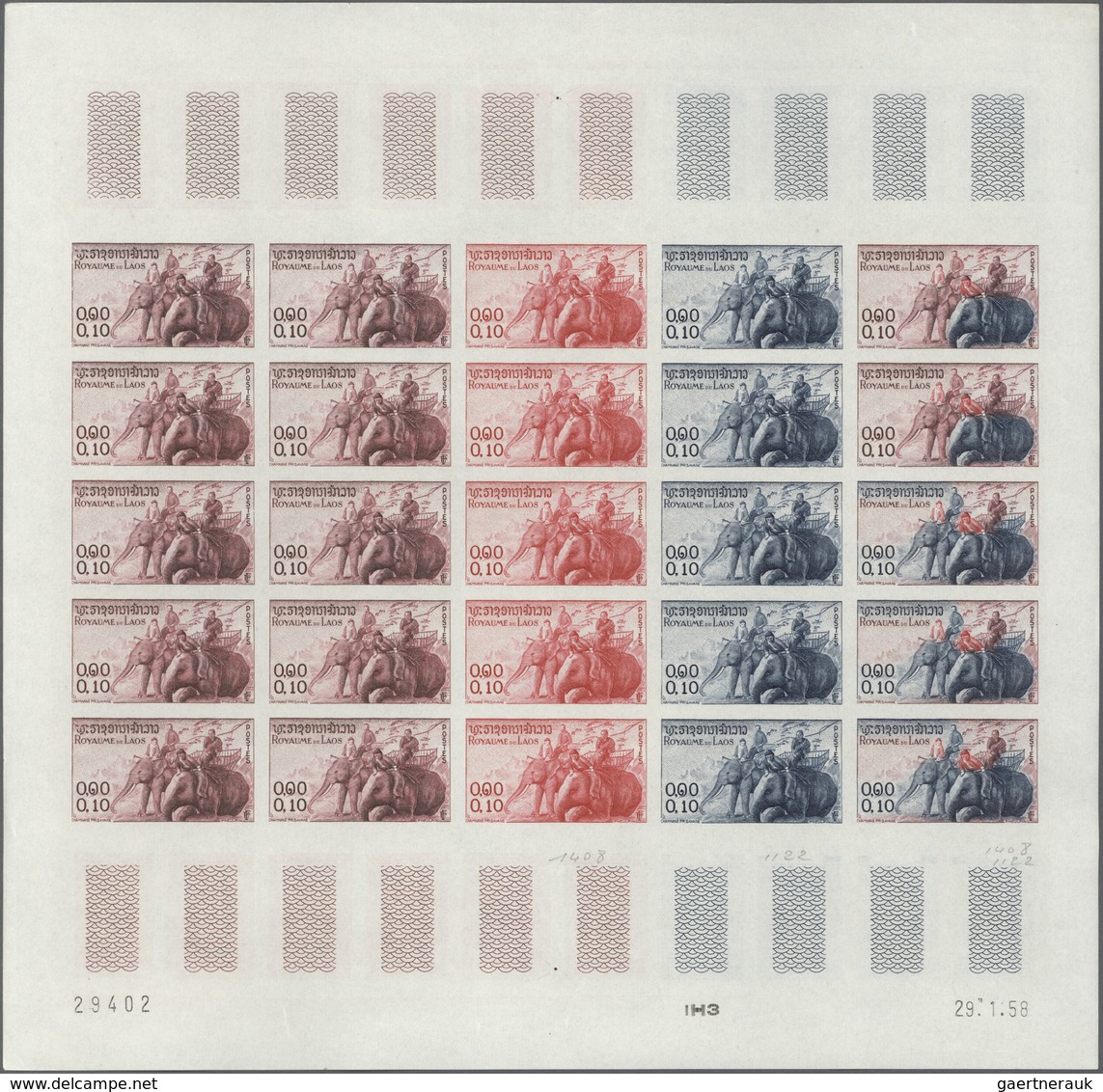 Laos: 1958. Complete Set (7 Values) In 7 Color Proof Sheets Of 25 Showing Various ELEPHANTS. Each Sh - Laos