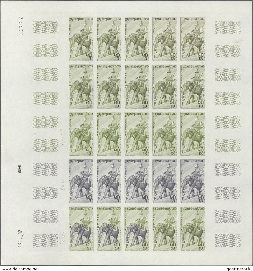 Laos: 1958. Complete Set (7 Values) In 7 Color Proof Sheets Of 25 Showing Various ELEPHANTS. Each Sh - Laos