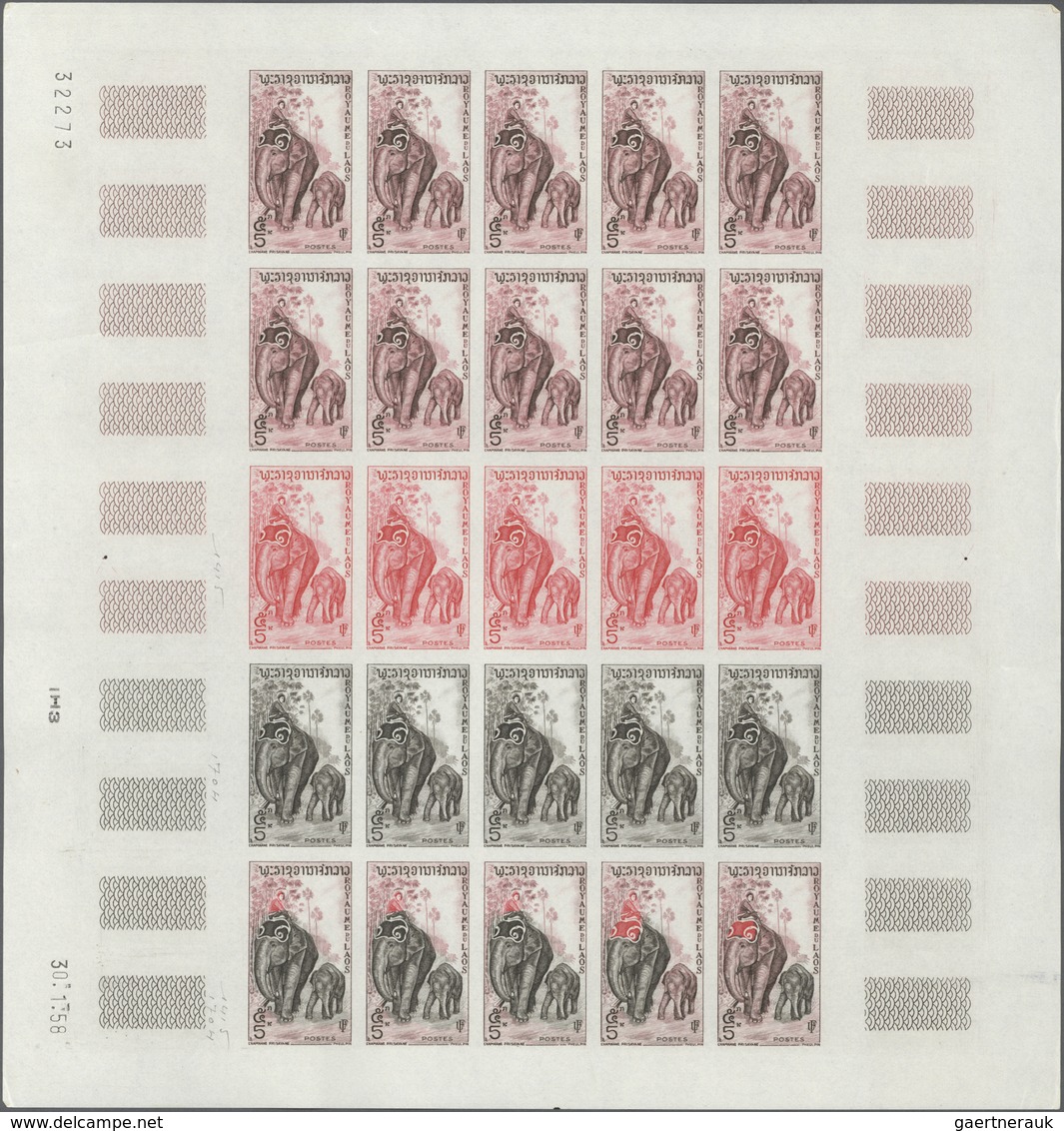 Laos: 1958. Complete Set (7 Values) In 7 Color Proof Sheets Of 25 Showing Various ELEPHANTS. Each Sh - Laos
