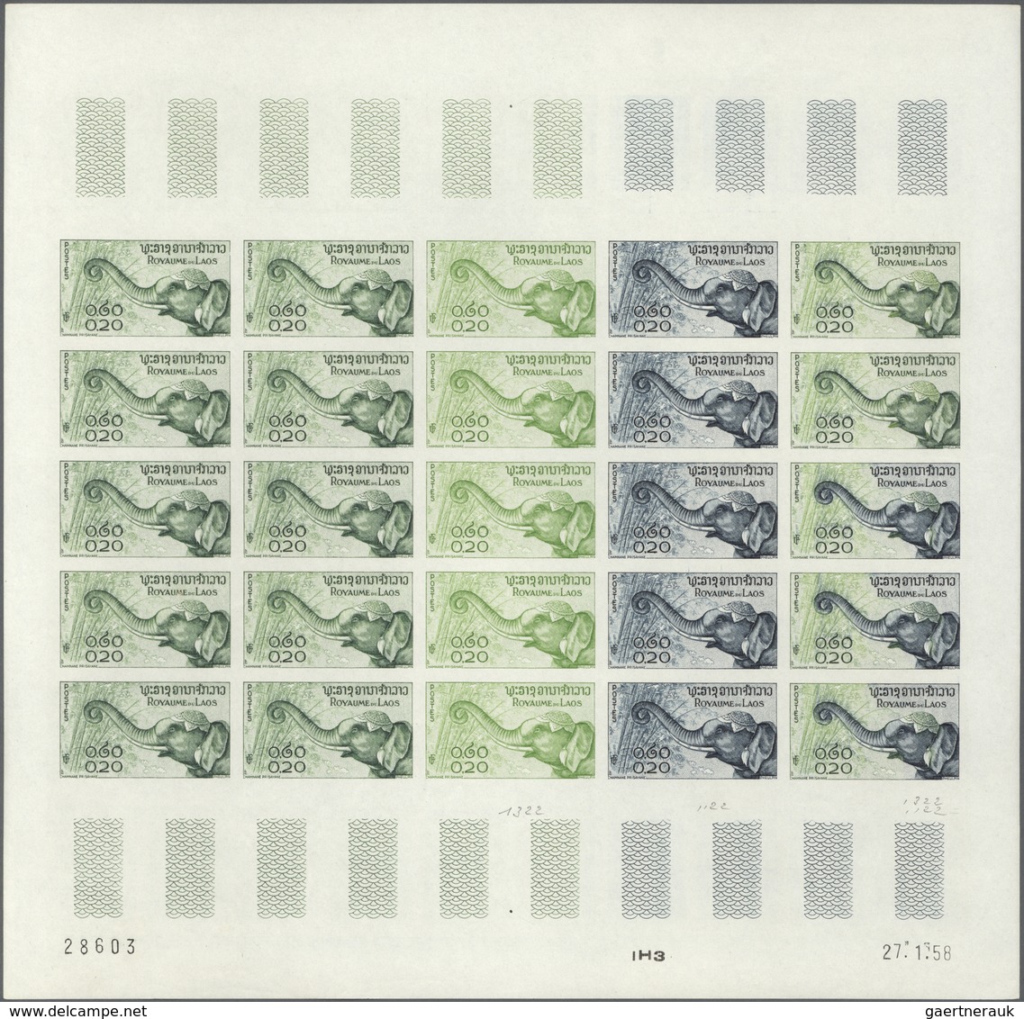 Laos: 1958. Complete set (7 values) in 7 color proof sheets of 25 showing various ELEPHANTS. Each sh