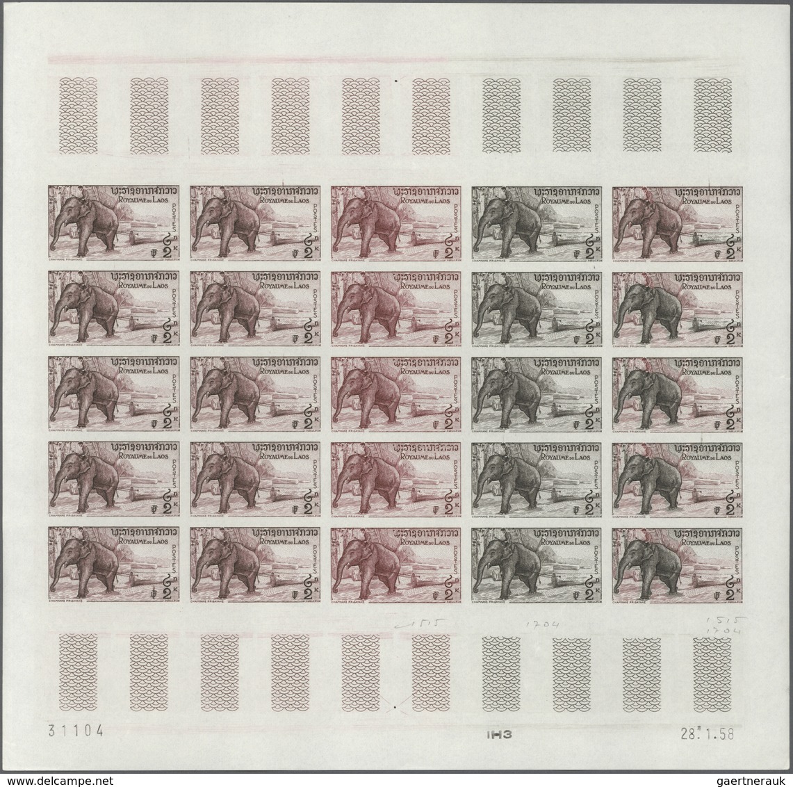 Laos: 1958. Complete set (7 values) in 7 color proof sheets of 25 showing various ELEPHANTS. Each sh