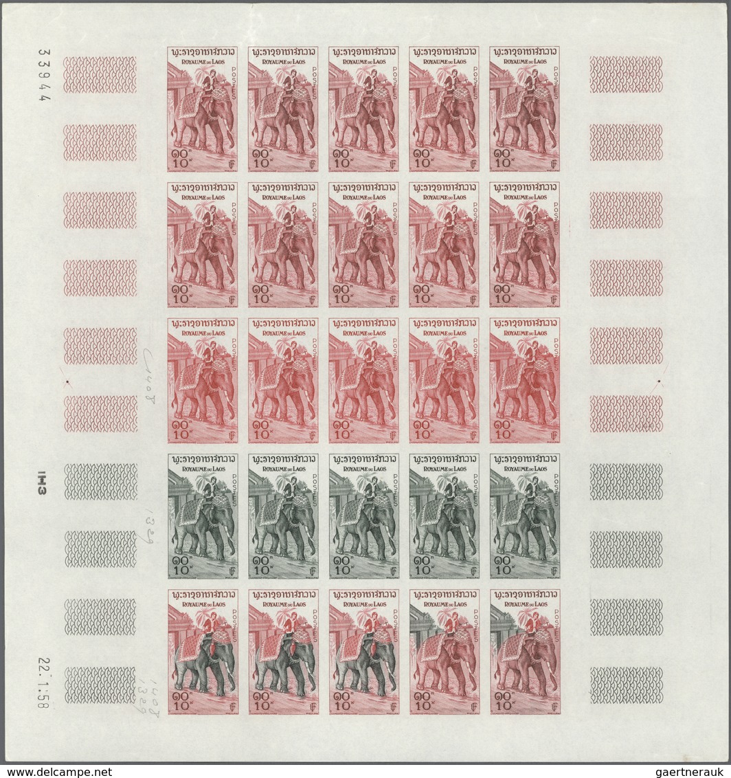 Laos: 1958. Complete set (7 values) in 7 color proof sheets of 25 showing various ELEPHANTS. Each sh