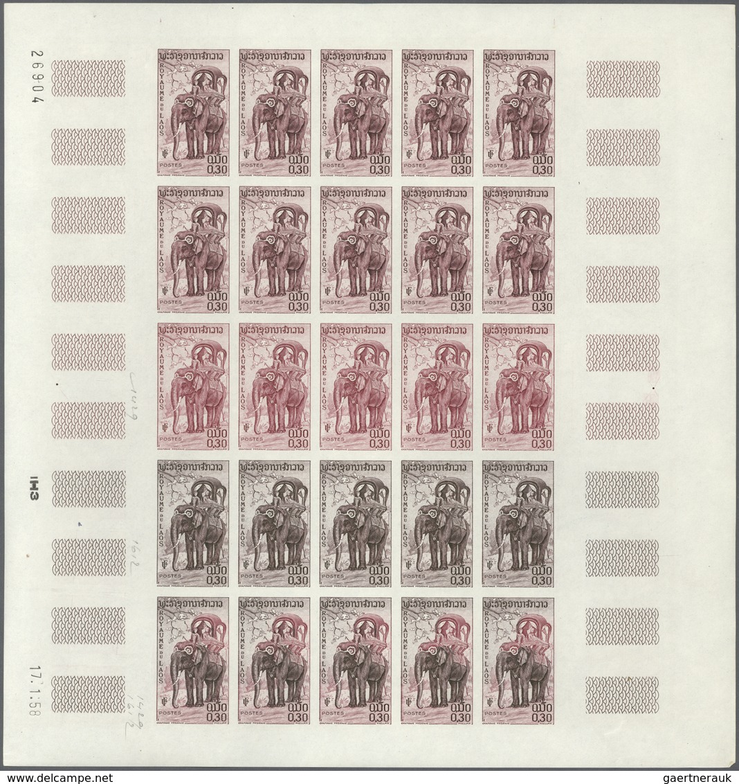 Laos: 1958. Complete set (7 values) in 7 color proof sheets of 25 showing various ELEPHANTS. Each sh
