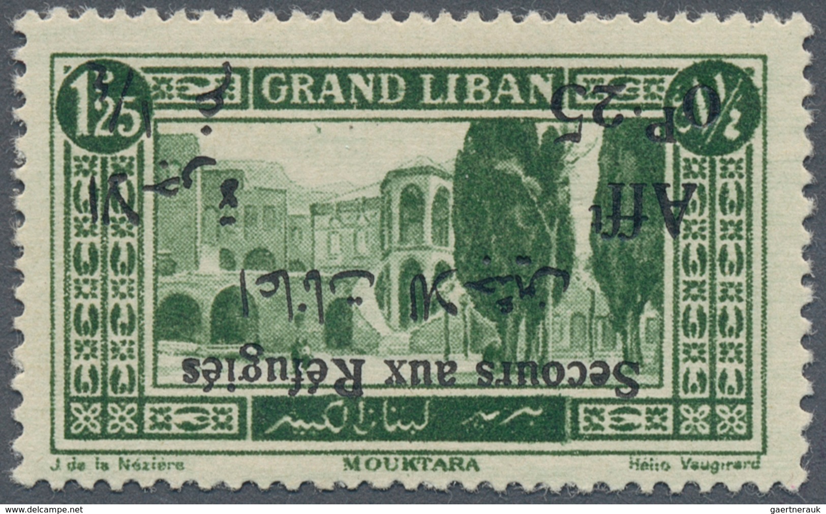 Libanon: 1926, War Refugee Relief, 1.25 Pi. + 0.25pi. Green With INVERTED BLACK Overprint In Differi - Libanon