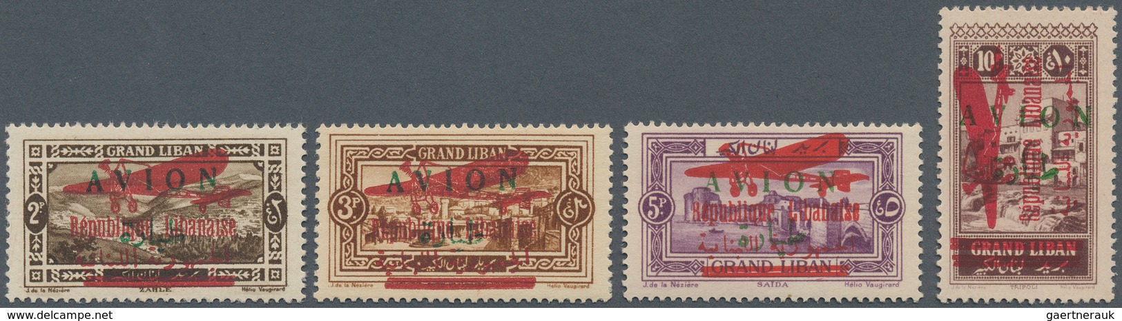 Libanon: 1928, Airmails, Red "Republique Libanaise/Plane" Surcharge On Green "AVION" Overprints, Com - Liban