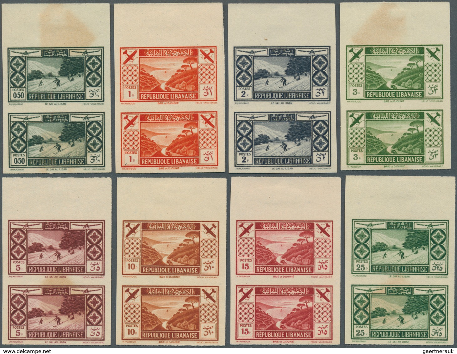 Libanon: 1936, Tourism, Complete Set Of Eight Values As IMPERFORATE Top Marginal Vertical Pairs, Unm - Libanon